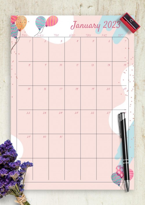 Pink January 2023 Birthday Calendar