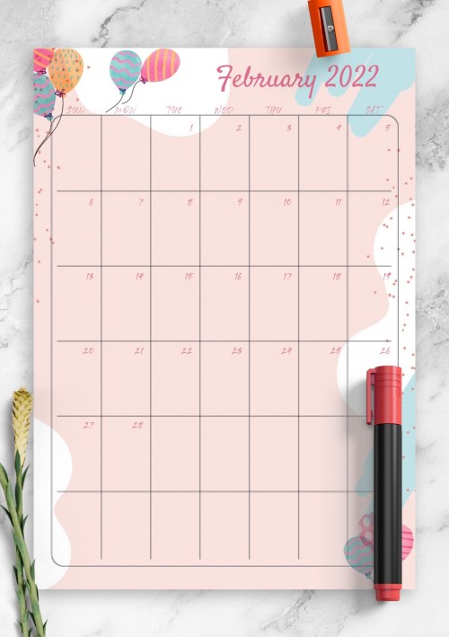 Pink February 2022 Birthday Calendar