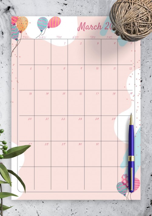 Pink March 2022 Birthday Calendar