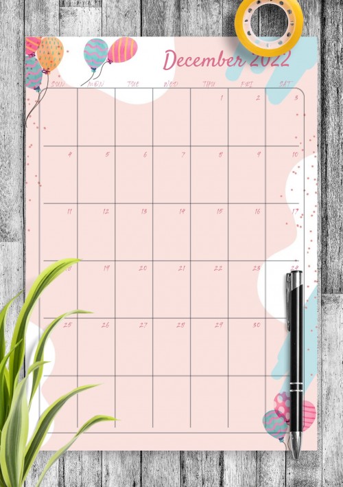 Pink December 2022 Birthday Calendar