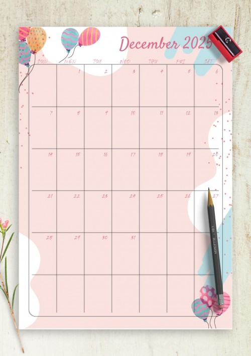 Pink December 2025 Birthday Calendar