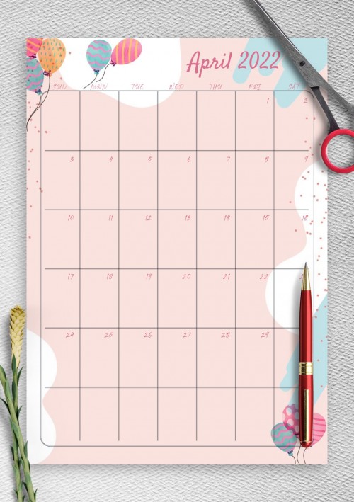 Pink April 2022 Birthday Calendar