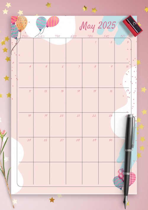 Pink May 2025 Birthday Calendar