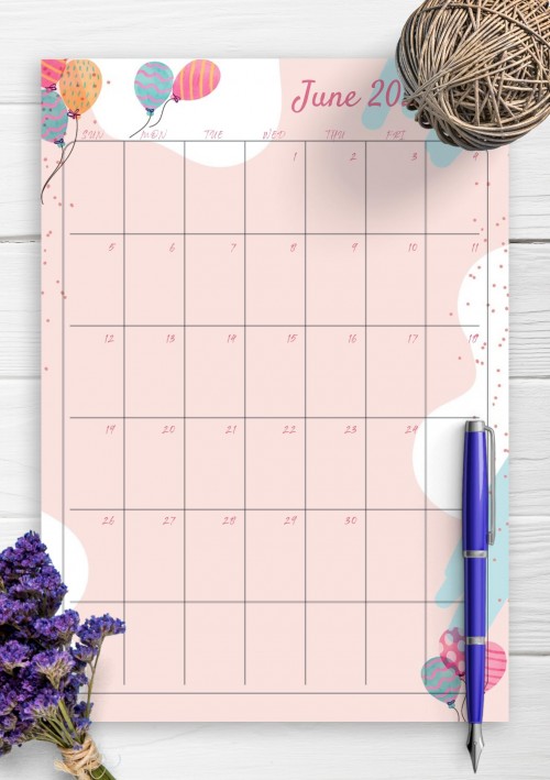 Pink June 2022 Birthday Calendar