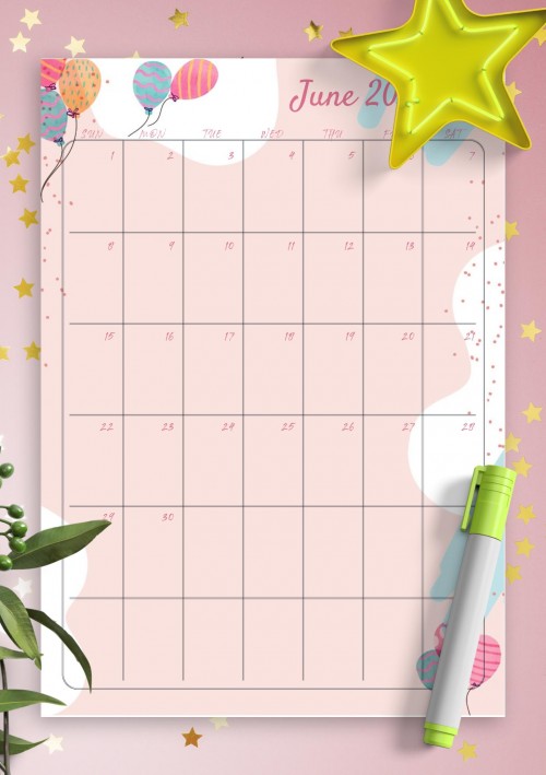 Pink June 2025 Birthday Calendar