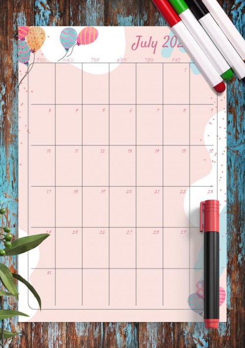 Pink July 2022 Birthday Calendar