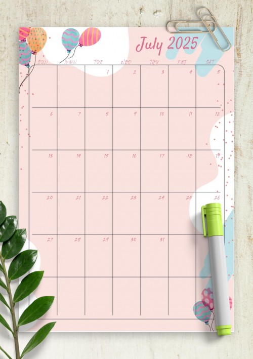 Pink July 2025 Birthday Calendar