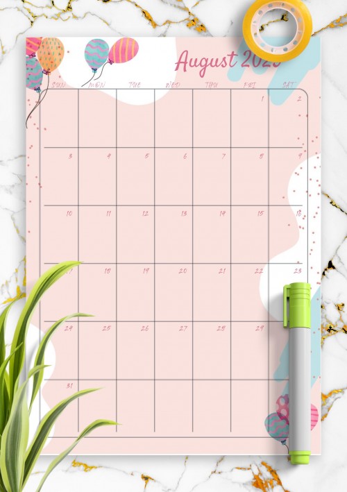Pink August 2025 Birthday Calendar