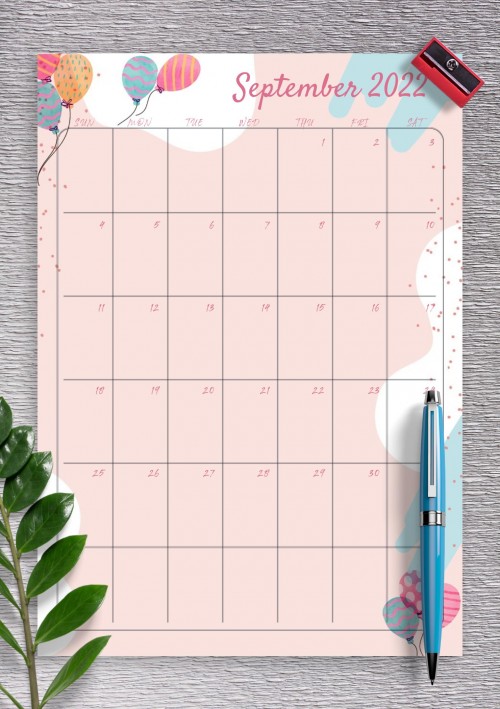 Pink September 2022 Birthday Calendar