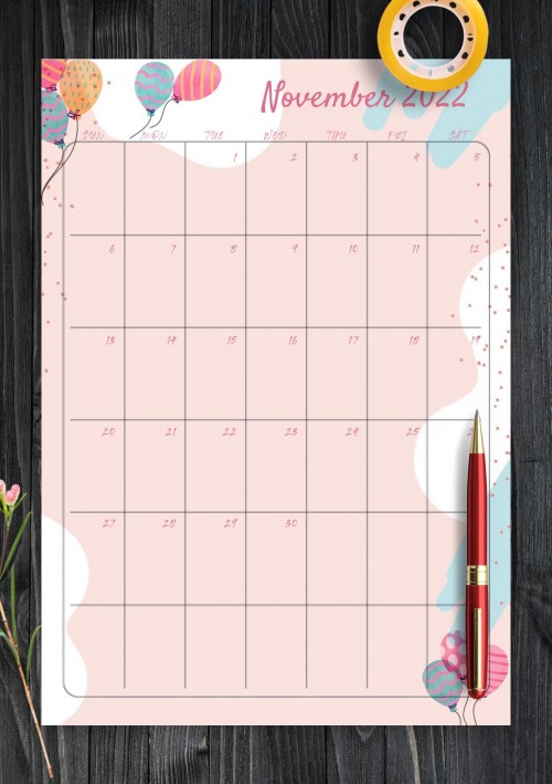 Pink November 2022 Birthday Calendar