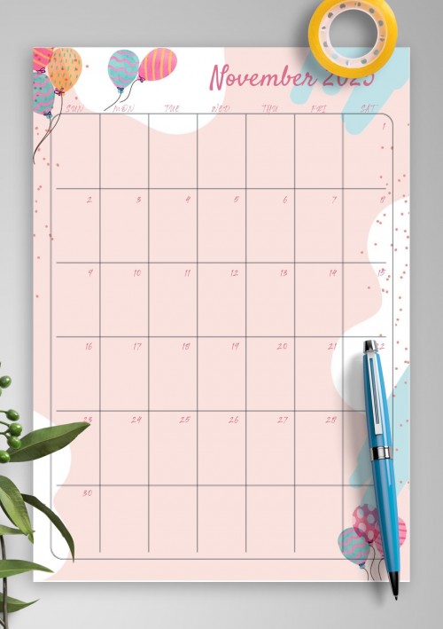 Pink November 2025 Birthday Calendar