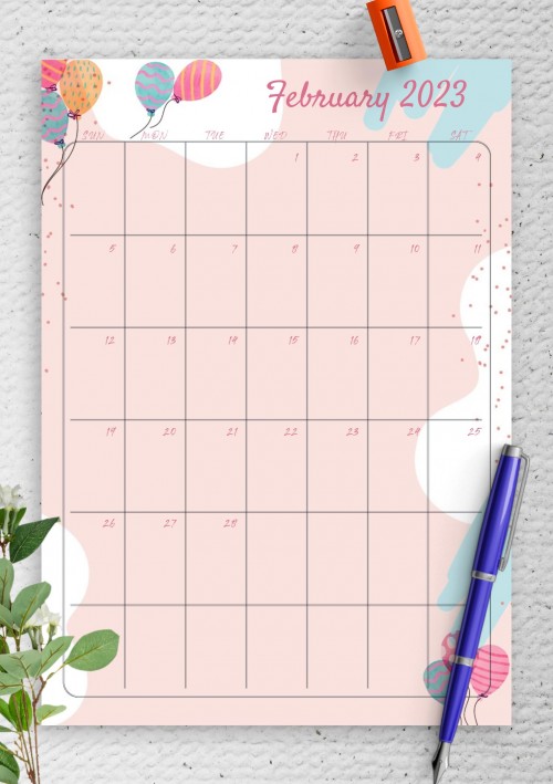 Pink February 2023 Birthday Calendar