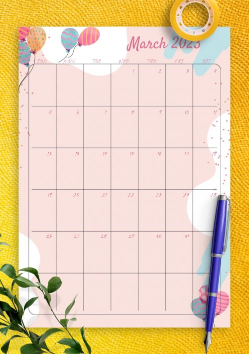 Pink March 2023 Birthday Calendar