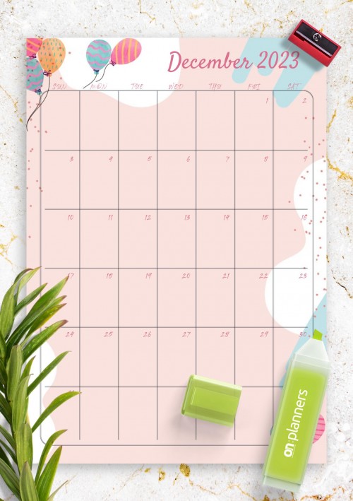 Pink December 2023 Birthday Calendar