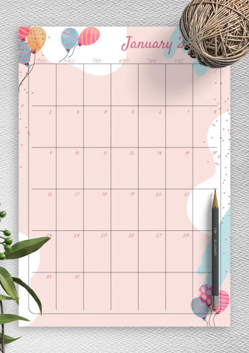 Pink January 2022 Birthday Calendar