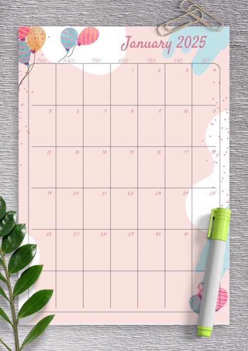 Pink January 2025 Birthday Calendar