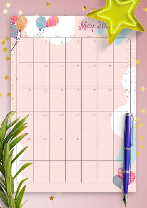 Pink May 2023 Birthday Calendar