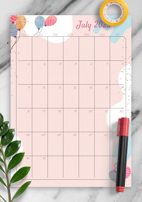 Pink July 2023 Birthday Calendar