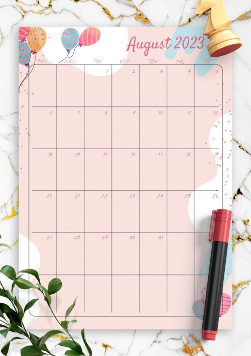 Pink August 2023 Birthday Calendar