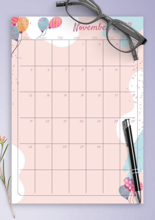 Pink November 2023 Birthday Calendar