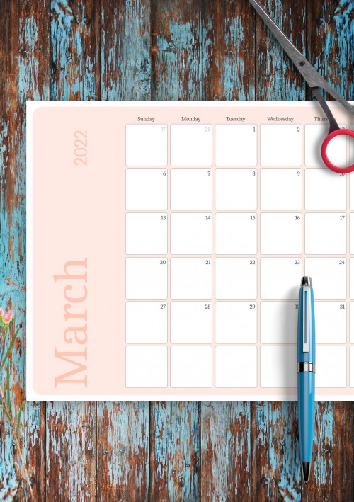 Pink March 2022 Calendar
