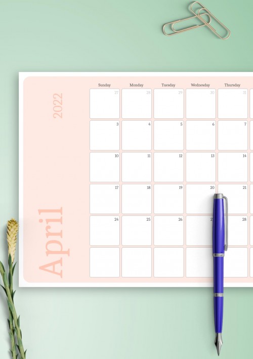 Pink April 2022 Calendar