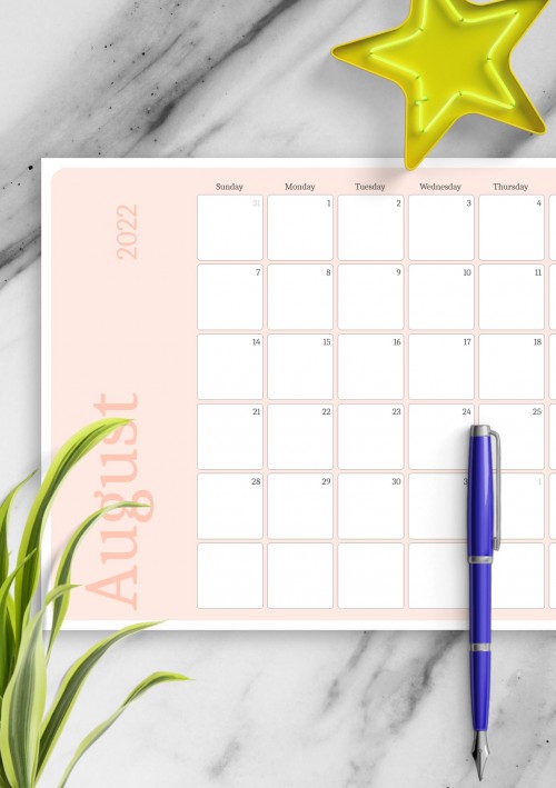 Pink August 2022 Calendar