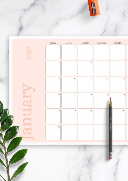 Pink January 2022 Calendar