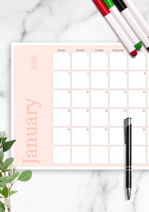 January 2026 Pink Monthly Calendar