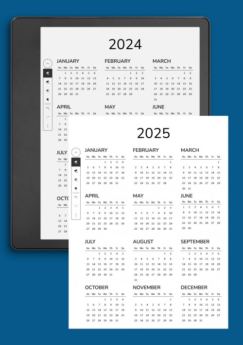 Printable calendar for 2 years template for Kindle Scribe