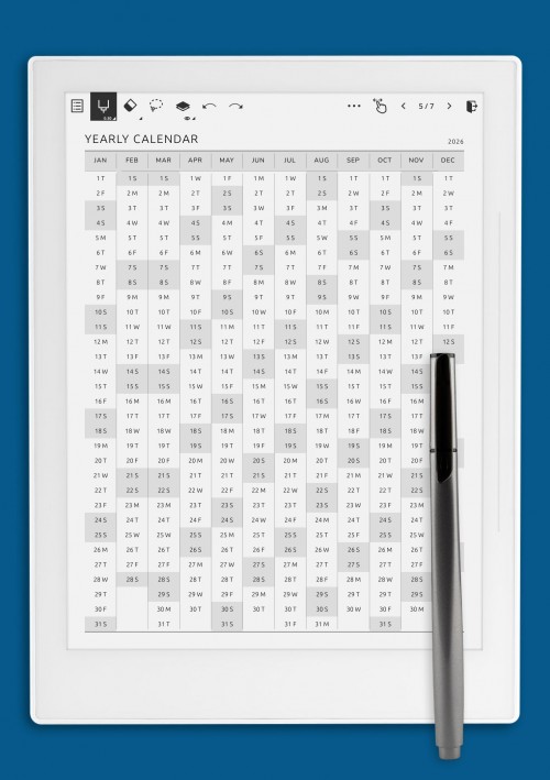 Printable Yearly Calendar with Week Numbers template for Supernote