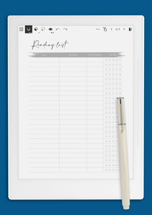 Reading List Template with Rating Stars for Supernote