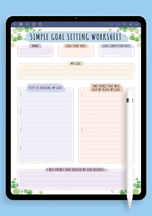 Simple Goal Setting Worksheet - Floral Style Template for GoodNotes