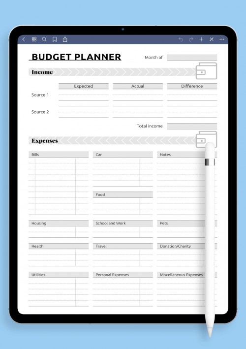 Simple monthly budget template for iPad
