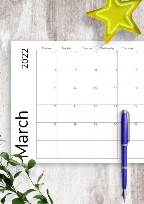 March 2022 Calendar Grid Template