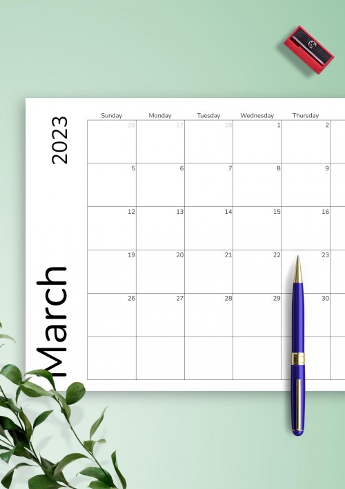 March 2023 Calendar Grid Template