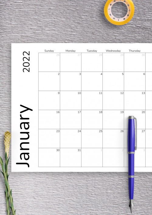 January 2022 Calendar Grid Template
