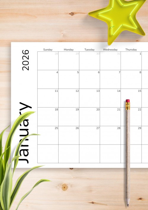 January 2026 Simple Monthly Calendar Grid