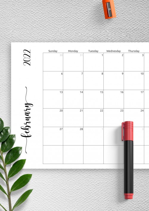 Simple February 2022 Calendar Horizontal