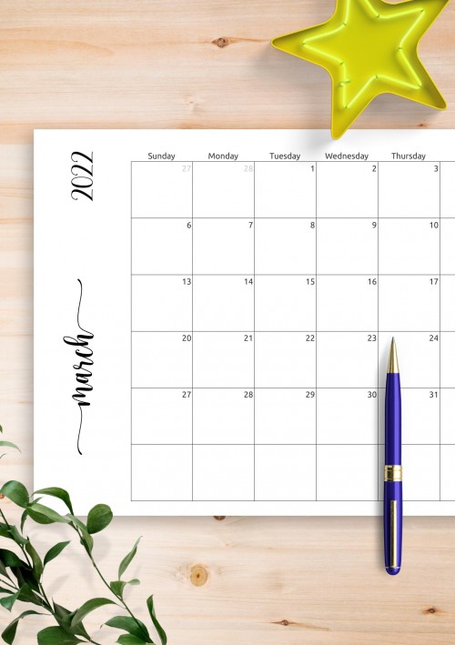 Simple March 2022 Calendar Horizontal