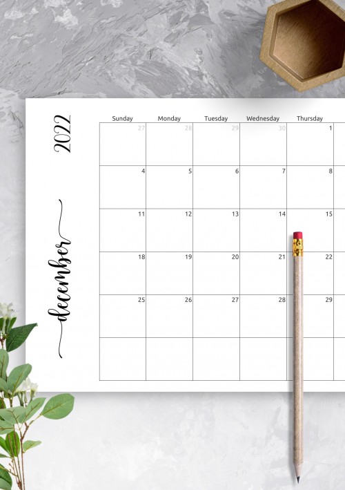 Simple December 2022 Calendar Horizontal