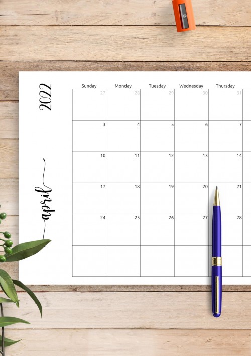 Simple April 2022 Calendar Horizontal