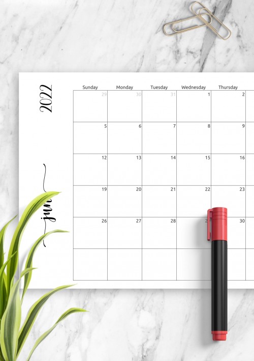 Simple June 2022 Calendar Horizontal