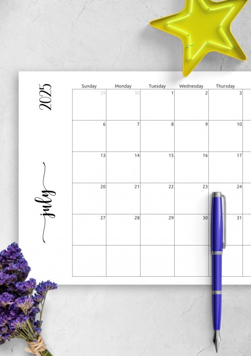 Simple July 2025 Calendar Horizontal
