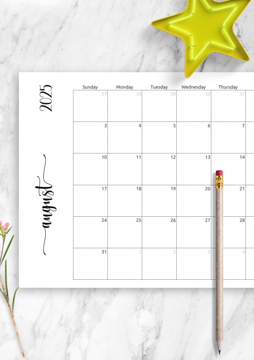 Simple August 2025 Calendar Horizontal