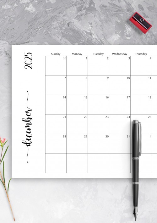 Simple December 2025 Calendar Horizontal