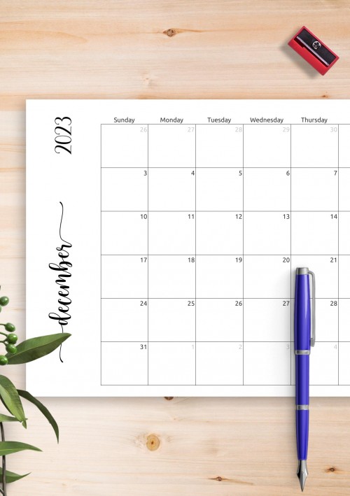 Simple December 2023 Calendar Horizontal