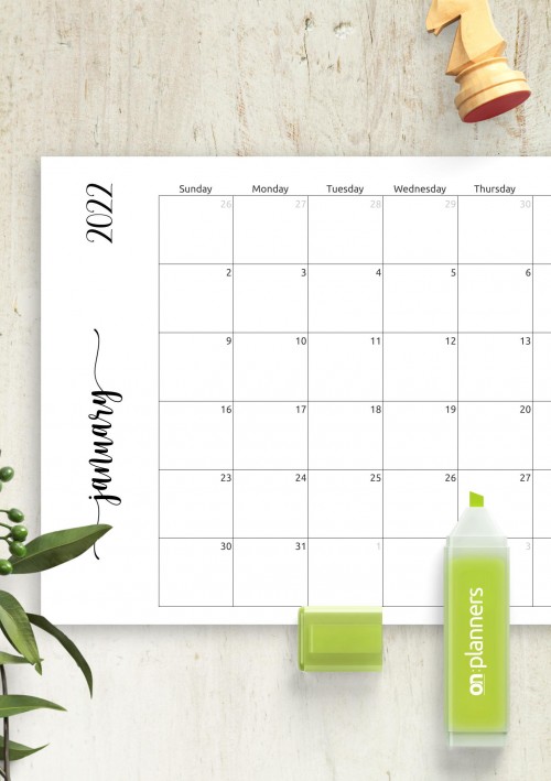 Simple January 2022 Calendar Horizontal