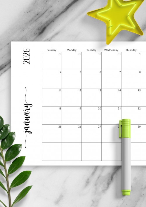 January 2026 Simple Monthly Calendar Horizontal
