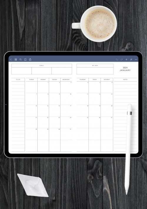 Simple Monthly Calendar with Goals, Ideas Template for GoodNotes